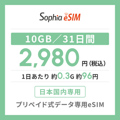 日本国内専用 データeSIM　10GB／31日間