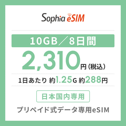 日本国内専用 データeSIM　10GB／8日間