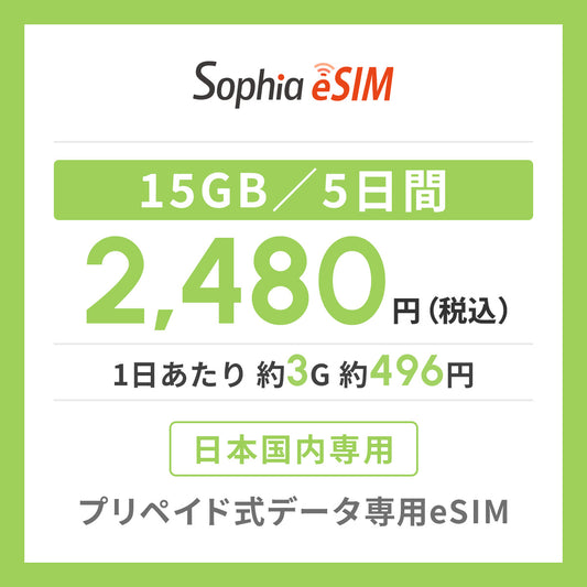 日本国内専用 データeSIM　15GB／5日間