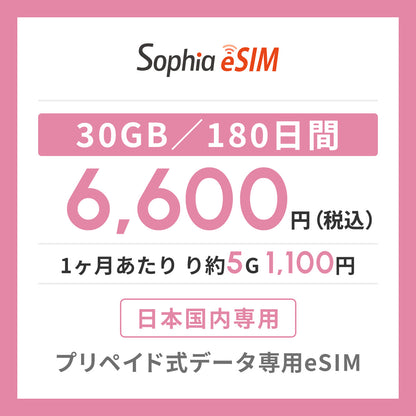 日本国内専用 データeSIM　30GB／180日間