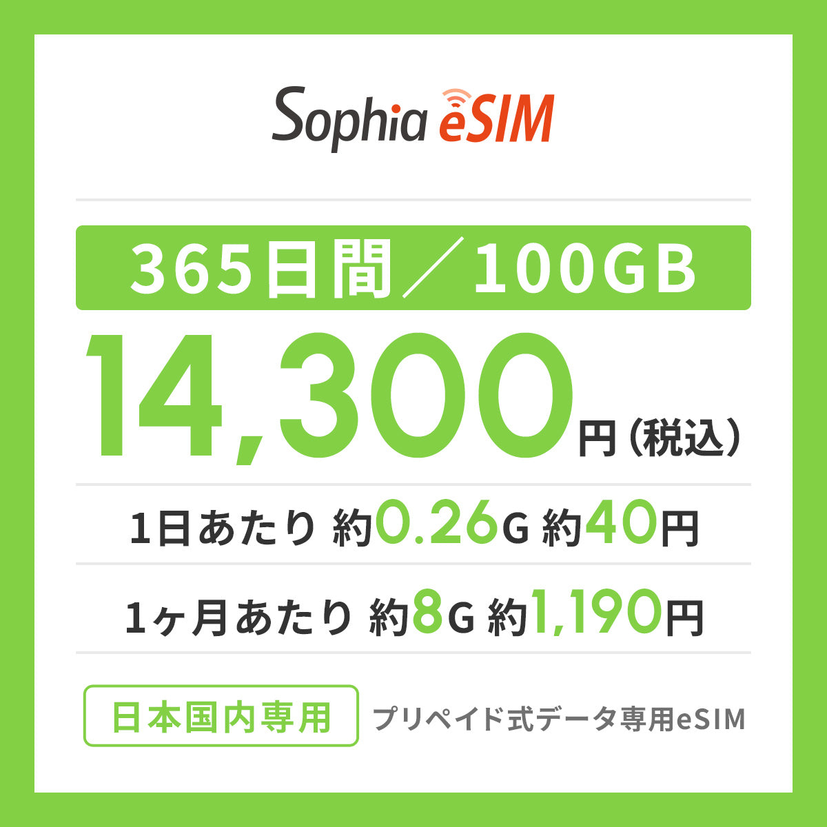 日本国内専用 データeSIM　365日間/100GB