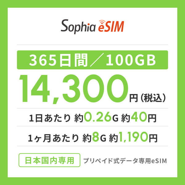 日本国内専用 データeSIM　365日間/100GB