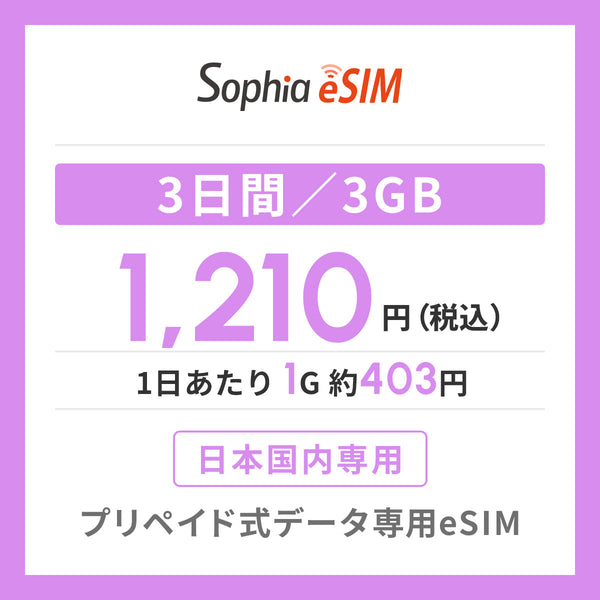 日本国内専用 データeSIM　3日間/3GB
