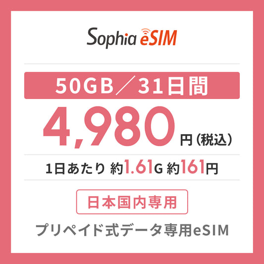 日本国内専用 データeSIM　50GB／31日間