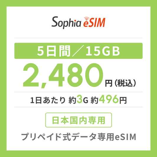 日本国内専用 データeSIM　5日間/15GB