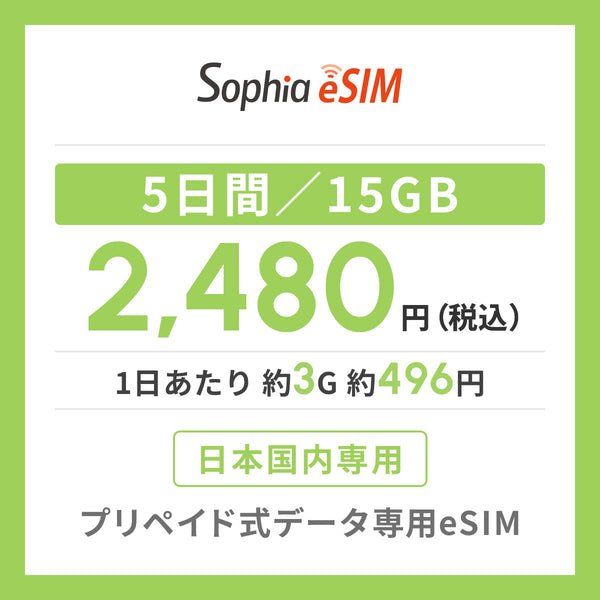 日本国内専用 データeSIM　5日間/15GB