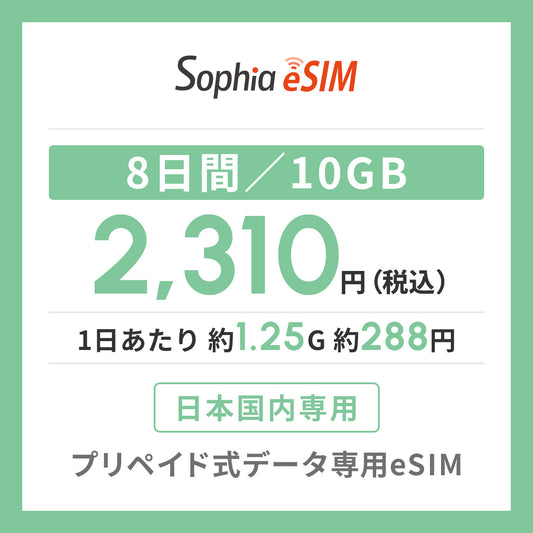 日本国内専用 データeSIM　8日間/10GB