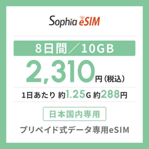 日本国内専用 データeSIM　8日間/10GB
